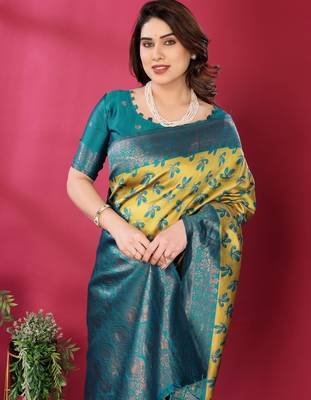 lemon rama silk blend banarasi saree with unstitched blouse piece 1