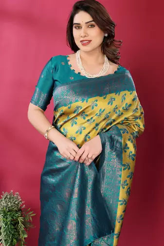 lemon rama  soft art silk blend banarasi jacuard work designer party wear saree with unstitched blouse piece