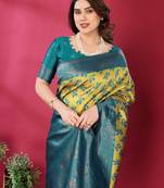 lemon rama silk blend banarasi saree with unstitched blouse piece