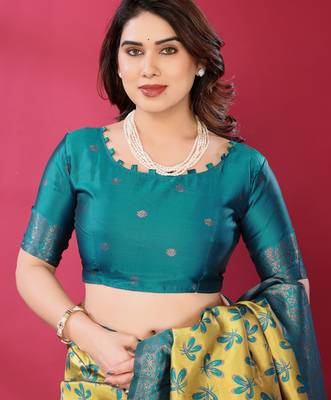 lemon rama silk blend banarasi saree with unstitched blouse piece 5