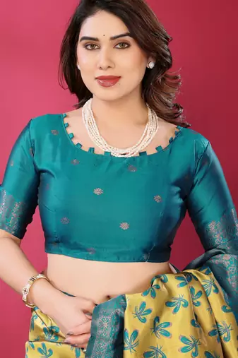 lemon rama silk blend banarasi saree with unstitched blouse piece