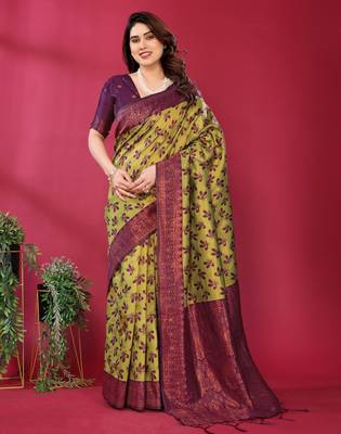 lemon wine silk blend banarasi saree with unstitched blouse piece 2