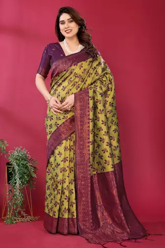 lemon wine silk blend banarasi saree with unstitched blouse piece