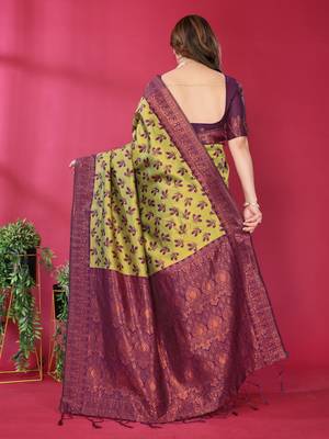 lemon wine silk blend banarasi saree with unstitched blouse piece 3