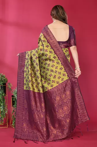 lemon wine silk blend banarasi saree with unstitched blouse piece