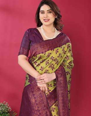 lemon wine silk blend banarasi saree with unstitched blouse piece 4