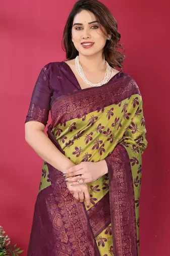 lemon wine silk blend banarasi saree with unstitched blouse piece