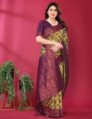 lemon wine silk blend banarasi saree with unstitched blouse piece 1