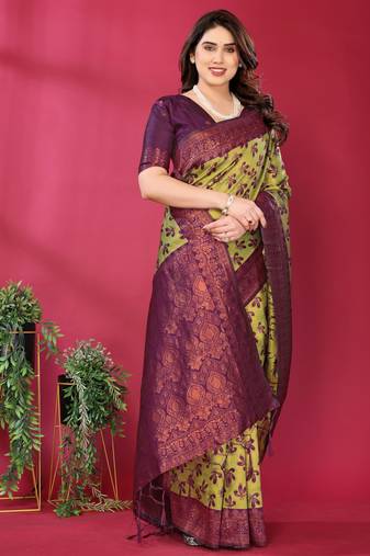 lemon wine  soft art silk blend banarasi jacuard work designer party wear saree with unstitched blouse piece