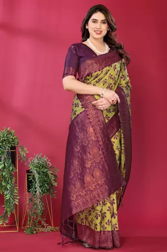 lemon wine  soft art silk blend banarasi jacuard work designer party wear saree with unstitched blouse piece