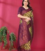 lemon wine silk blend banarasi saree with unstitched blouse piece