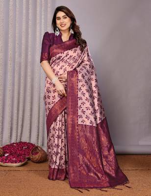 peach wine silk blend banarasi saree with unstitched blouse piece 1