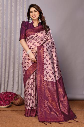 peach wine  soft art silk blend banarasi jacuard work designer party wear saree with unstitched blouse piece