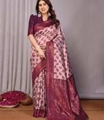 peach wine  soft art silk blend banarasi jacuard work designer party wear saree with unstitched blouse piece