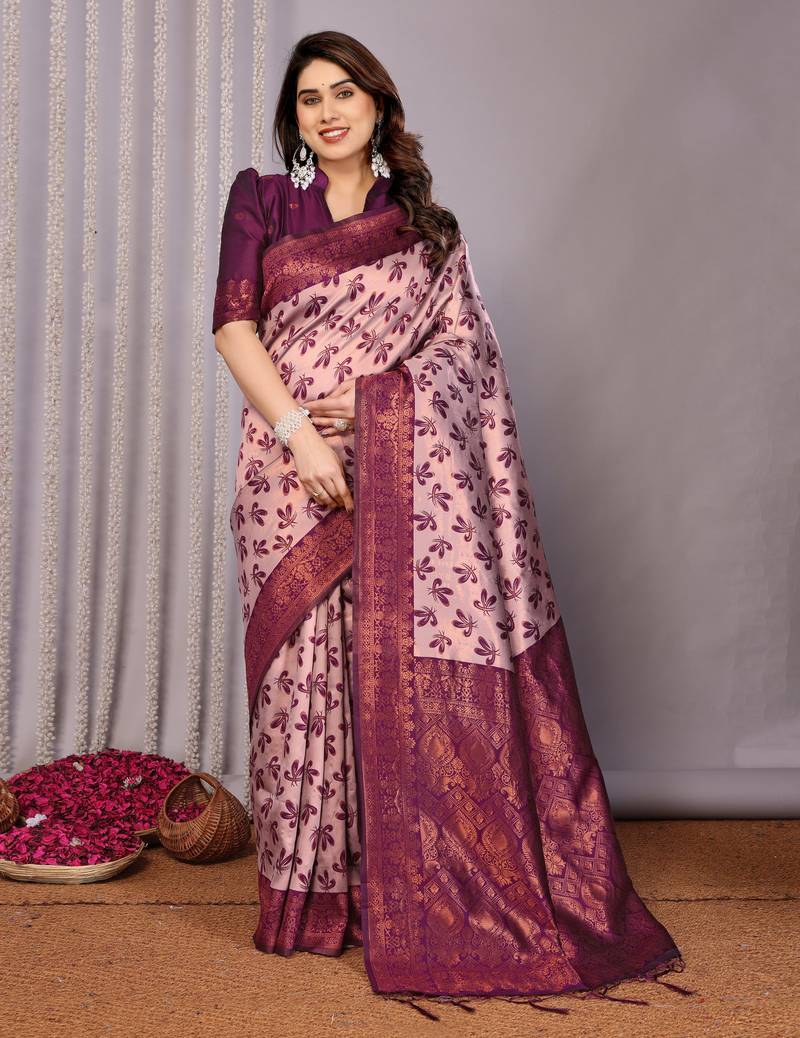 peach wine  soft art silk blend banarasi jacuard work designer party wear saree with unstitched blouse piece