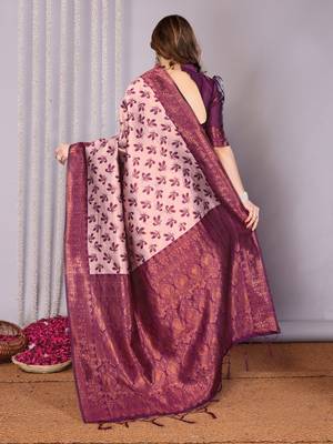 peach wine silk blend banarasi saree with unstitched blouse piece 2