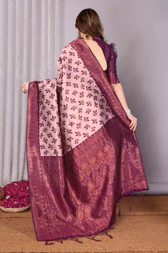 peach wine silk blend banarasi saree with unstitched blouse piece