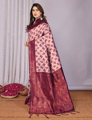 peach wine silk blend banarasi saree with unstitched blouse piece 3