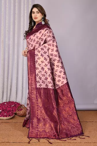 peach wine silk blend banarasi saree with unstitched blouse piece