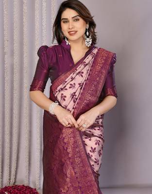 peach wine silk blend banarasi saree with unstitched blouse piece 4