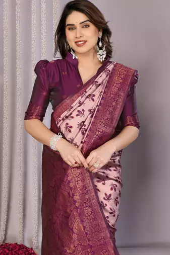 peach wine silk blend banarasi saree with unstitched blouse piece