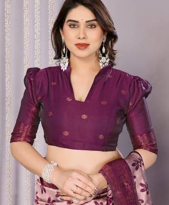 peach wine silk blend banarasi saree with unstitched blouse piece 5
