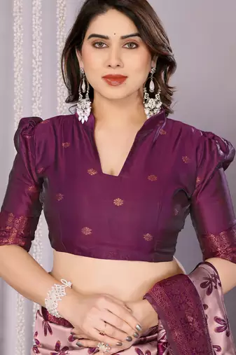 peach wine silk blend banarasi saree with unstitched blouse piece
