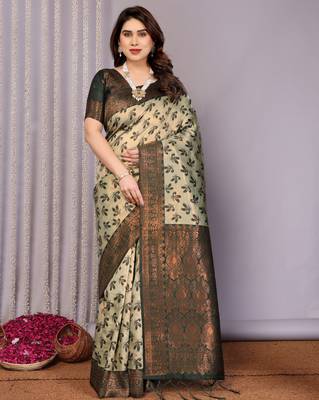 pista green silk blend banarasi saree with unstitched blouse piece 1