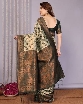 pista green silk blend banarasi saree with unstitched blouse piece 2