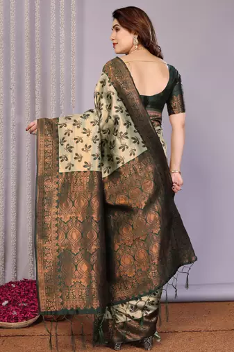 pista green silk blend banarasi saree with unstitched blouse piece
