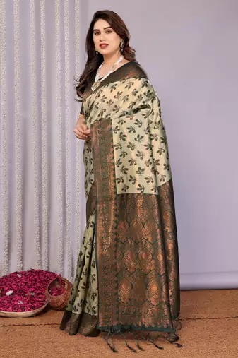 pista green silk blend banarasi saree with unstitched blouse piece