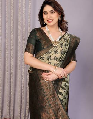 pista green silk blend banarasi saree with unstitched blouse piece 4