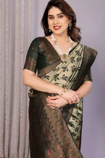 pista green silk blend banarasi saree with unstitched blouse piece