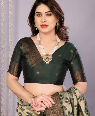 pista green silk blend banarasi saree with unstitched blouse piece 5