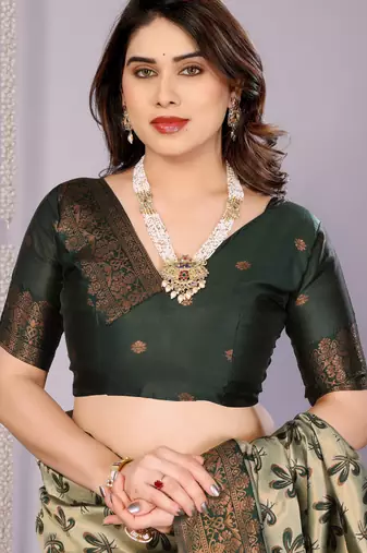 pista green silk blend banarasi saree with unstitched blouse piece