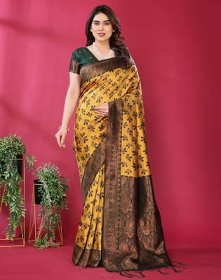 yellow green silk blend banarasi saree with unstitched blouse piece 1