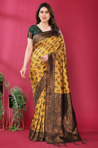 yellow green  soft art silk blend banarasi jacuard work designer party wear saree with unstitched blouse piece