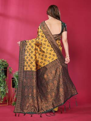 yellow green silk blend banarasi saree with unstitched blouse piece 2