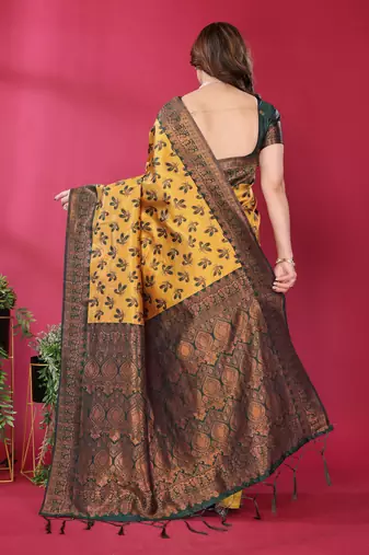 yellow green silk blend banarasi saree with unstitched blouse piece