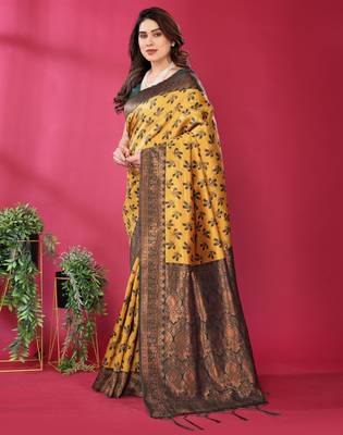 yellow green silk blend banarasi saree with unstitched blouse piece 3