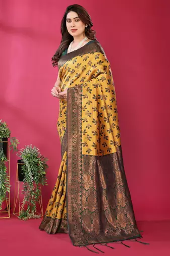 yellow green silk blend banarasi saree with unstitched blouse piece