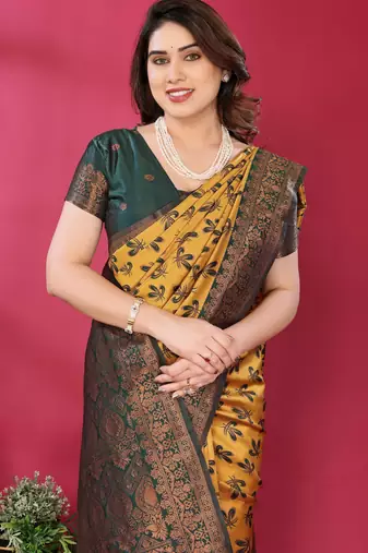 yellow green silk blend banarasi saree with unstitched blouse piece