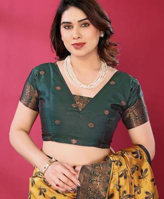 yellow green silk blend banarasi saree with unstitched blouse piece 5