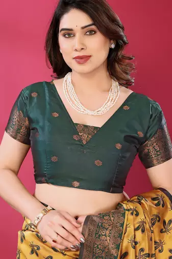 yellow green silk blend banarasi saree with unstitched blouse piece