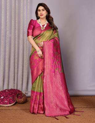mehendi pink silk blend banarasi saree with unstitched blouse piece 1