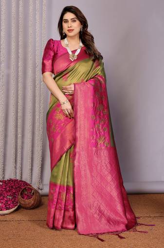 mehendi pink  soft art silk blend banarasi jacuard work designer party wear saree with unstitched blouse piece