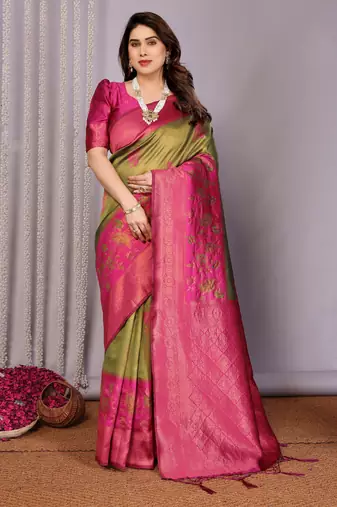 mehendi pink  soft art silk blend banarasi jacuard work designer party wear saree with unstitched blouse piece