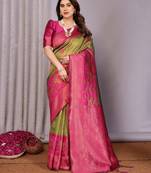 mehendi pink  soft art silk blend banarasi jacuard work designer party wear saree with unstitched blouse piece