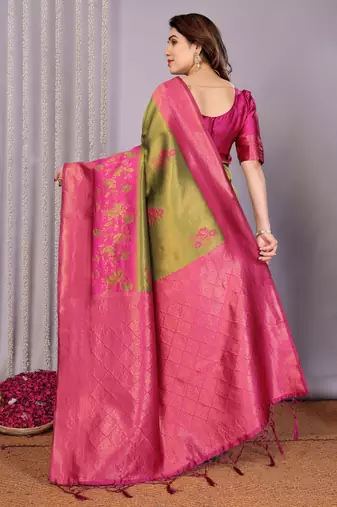 mehendi pink silk blend banarasi saree with unstitched blouse piece