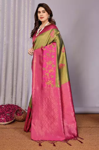 mehendi pink silk blend banarasi saree with unstitched blouse piece